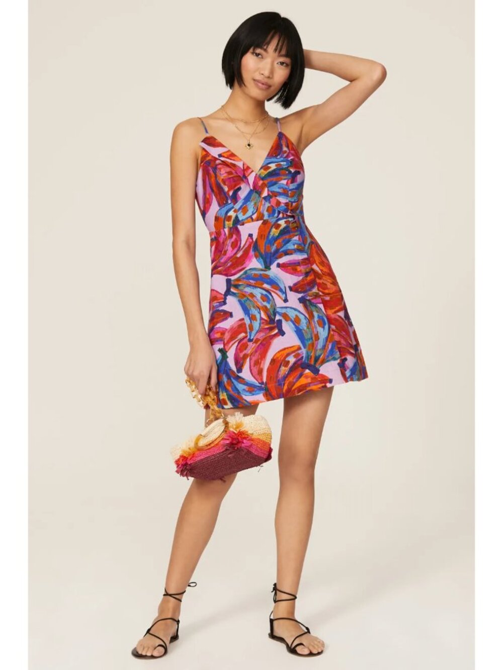 FARM RIO Linen Blend Colorful Bananas Mini Dress Size M